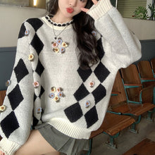 画像をギャラリービューアに読み込む, ゆったり花柄ラウンドネックニットセーターレデイース