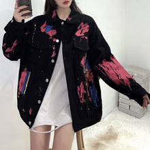 画像をギャラリービューアに読み込む, スプラッシュ柄プリントデニム ジャケットアウターコート原宿系 レディース