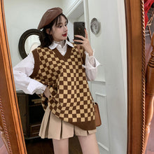 画像をギャラリービューアに読み込む, レトロチェス チェックニットベストゆったり韓国系 ガーリー