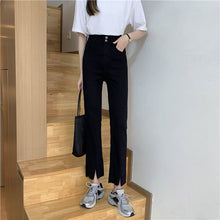 画像をギャラリービューアに読み込む, レトロ シンプル 無地 スリット ハイウエストデニムパンツボトムス