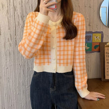 画像をギャラリービューアに読み込む, シンプルチェック柄カーディガン長袖ニットセータートップス