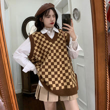 画像をギャラリービューアに読み込む, レトロチェス チェックニットベストゆったり韓国系 ガーリー