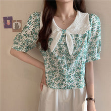 画像をギャラリービューアに読み込む, リボンボウタイ風花柄 半袖シャツ ブラウス韓国系春夏レディース