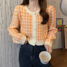 画像をギャラリービューアに読み込む, シンプルチェック柄カーディガン長袖ニットセータートップス