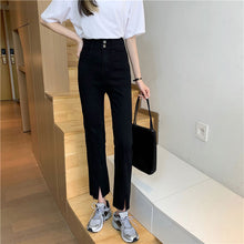 画像をギャラリービューアに読み込む, レトロ シンプル 無地 スリット ハイウエストデニムパンツボトムス
