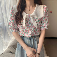 画像をギャラリービューアに読み込む, リボンボウタイ風花柄 半袖シャツ ブラウス韓国系春夏レディース