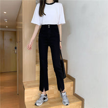 画像をギャラリービューアに読み込む, レトロ シンプル 無地 スリット ハイウエストデニムパンツボトムス