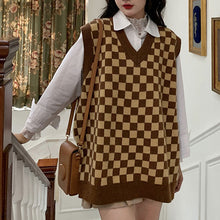 画像をギャラリービューアに読み込む, レトロチェス チェックニットベストゆったり韓国系 ガーリー