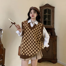 画像をギャラリービューアに読み込む, レトロチェス チェックニットベストゆったり韓国系 ガーリー