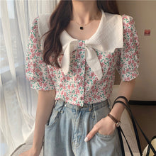 画像をギャラリービューアに読み込む, リボンボウタイ風花柄 半袖シャツ ブラウス韓国系春夏レディース