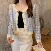 画像をギャラリービューアに読み込む, シンプルチェック柄カーディガン長袖ニットセータートップス