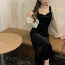 画像をギャラリービューアに読み込む, レトロカジュアルロングベルベットワンピースレデイース