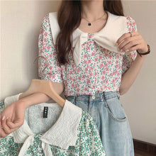 画像をギャラリービューアに読み込む, リボンボウタイ風花柄 半袖シャツ ブラウス韓国系春夏レディース