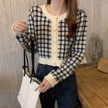 画像をギャラリービューアに読み込む, シンプルチェック柄カーディガン長袖ニットセータートップス