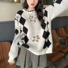 画像をギャラリービューアに読み込む, ゆったり花柄ラウンドネックニットセーターレデイース