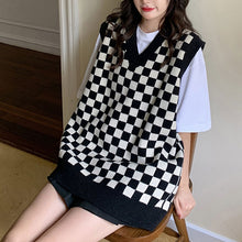 画像をギャラリービューアに読み込む, レトロチェス チェックニットベストゆったり韓国系 ガーリー