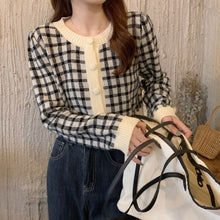 画像をギャラリービューアに読み込む, シンプルチェック柄カーディガン長袖ニットセータートップス