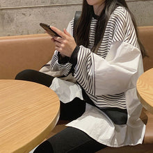 画像をギャラリービューアに読み込む, 大きいサイズストライプ柄ゆったり長袖シャツブラウストップス