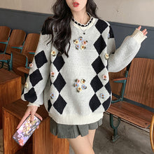 画像をギャラリービューアに読み込む, ゆったり花柄ラウンドネックニットセーターレデイース