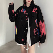 画像をギャラリービューアに読み込む, スプラッシュ柄プリントデニム ジャケットアウターコート原宿系 レディース
