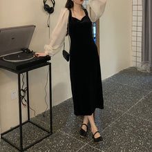 画像をギャラリービューアに読み込む, レトロカジュアルロングベルベットワンピースレデイース