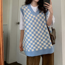 画像をギャラリービューアに読み込む, レトロチェス チェックニットベストゆったり韓国系 ガーリー