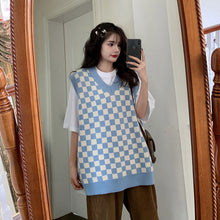 画像をギャラリービューアに読み込む, レトロチェス チェックニットベストゆったり韓国系 ガーリー