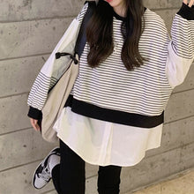 画像をギャラリービューアに読み込む, 大きいサイズストライプ柄ゆったり長袖シャツブラウストップス