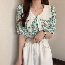 画像をギャラリービューアに読み込む, リボンボウタイ風花柄 半袖シャツ ブラウス韓国系春夏レディース