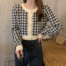 画像をギャラリービューアに読み込む, シンプルチェック柄カーディガン長袖ニットセータートップス