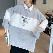 画像をギャラリービューアに読み込む, 学園風ポロカラールーズ長袖Tシャツトップス パーカートレーナー