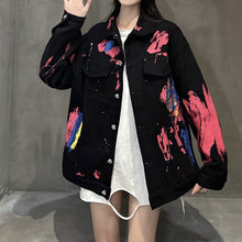 画像をギャラリービューアに読み込む, スプラッシュ柄プリントデニム ジャケットアウターコート原宿系 レディース