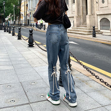 画像をギャラリービューアに読み込む, 美脚デニム ハイウエストパンツ 装飾 レースアップ ロングパンツレディース