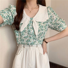 画像をギャラリービューアに読み込む, リボンボウタイ風花柄 半袖シャツ ブラウス韓国系春夏レディース