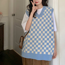 画像をギャラリービューアに読み込む, レトロチェス チェックニットベストゆったり韓国系 ガーリー