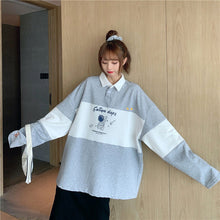 画像をギャラリービューアに読み込む, 学園風ポロカラールーズ長袖Tシャツトップス パーカートレーナー