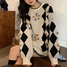 画像をギャラリービューアに読み込む, ゆったり花柄ラウンドネックニットセーターレデイース