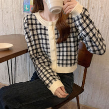 画像をギャラリービューアに読み込む, シンプルチェック柄カーディガン長袖ニットセータートップス