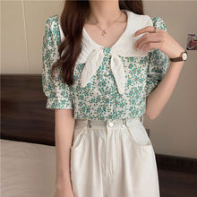 画像をギャラリービューアに読み込む, リボンボウタイ風花柄 半袖シャツ ブラウス韓国系春夏レディース