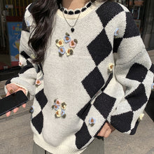 画像をギャラリービューアに読み込む, ゆったり花柄ラウンドネックニットセーターレデイース