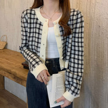 画像をギャラリービューアに読み込む, シンプルチェック柄カーディガン長袖ニットセータートップス
