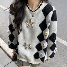 画像をギャラリービューアに読み込む, ゆったり花柄ラウンドネックニットセーターレデイース