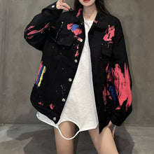 画像をギャラリービューアに読み込む, スプラッシュ柄プリントデニム ジャケットアウターコート原宿系 レディース