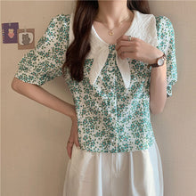 画像をギャラリービューアに読み込む, リボンボウタイ風花柄 半袖シャツ ブラウス韓国系春夏レディース
