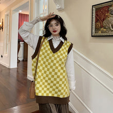画像をギャラリービューアに読み込む, レトロチェス チェックニットベストゆったり韓国系 ガーリー