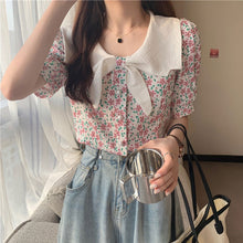 画像をギャラリービューアに読み込む, リボンボウタイ風花柄 半袖シャツ ブラウス韓国系春夏レディース