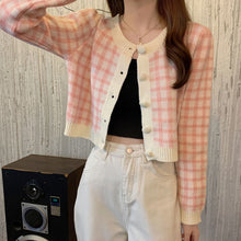 画像をギャラリービューアに読み込む, シンプルチェック柄カーディガン長袖ニットセータートップス