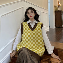 画像をギャラリービューアに読み込む, レトロチェス チェックニットベストゆったり韓国系 ガーリー