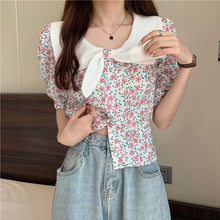 画像をギャラリービューアに読み込む, リボンボウタイ風花柄 半袖シャツ ブラウス韓国系春夏レディース