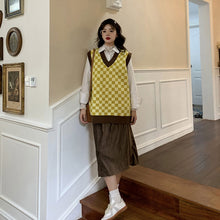 画像をギャラリービューアに読み込む, レトロチェス チェックニットベストゆったり韓国系 ガーリー